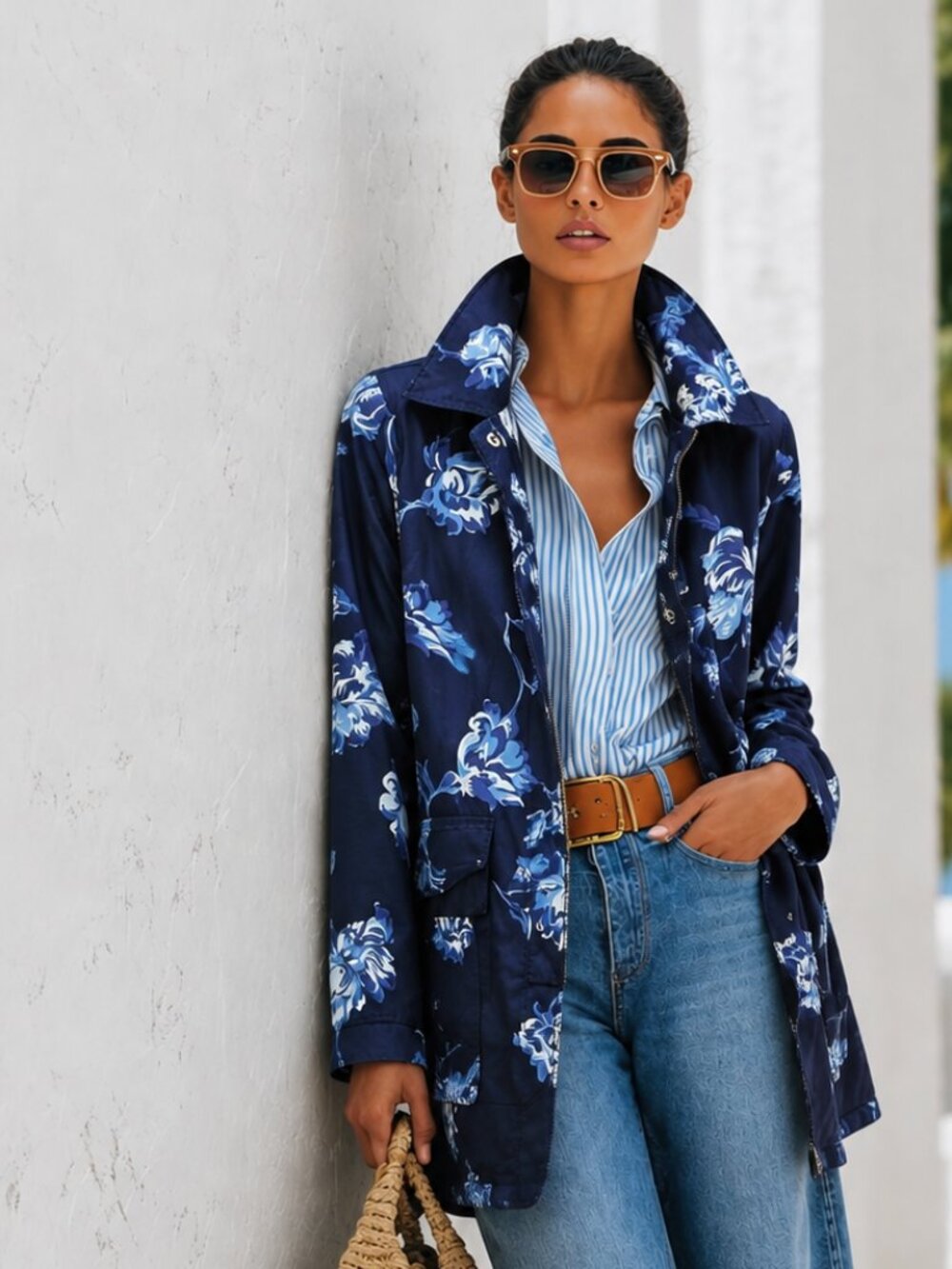 Long Cotton canvas jacket, navy with large floral print